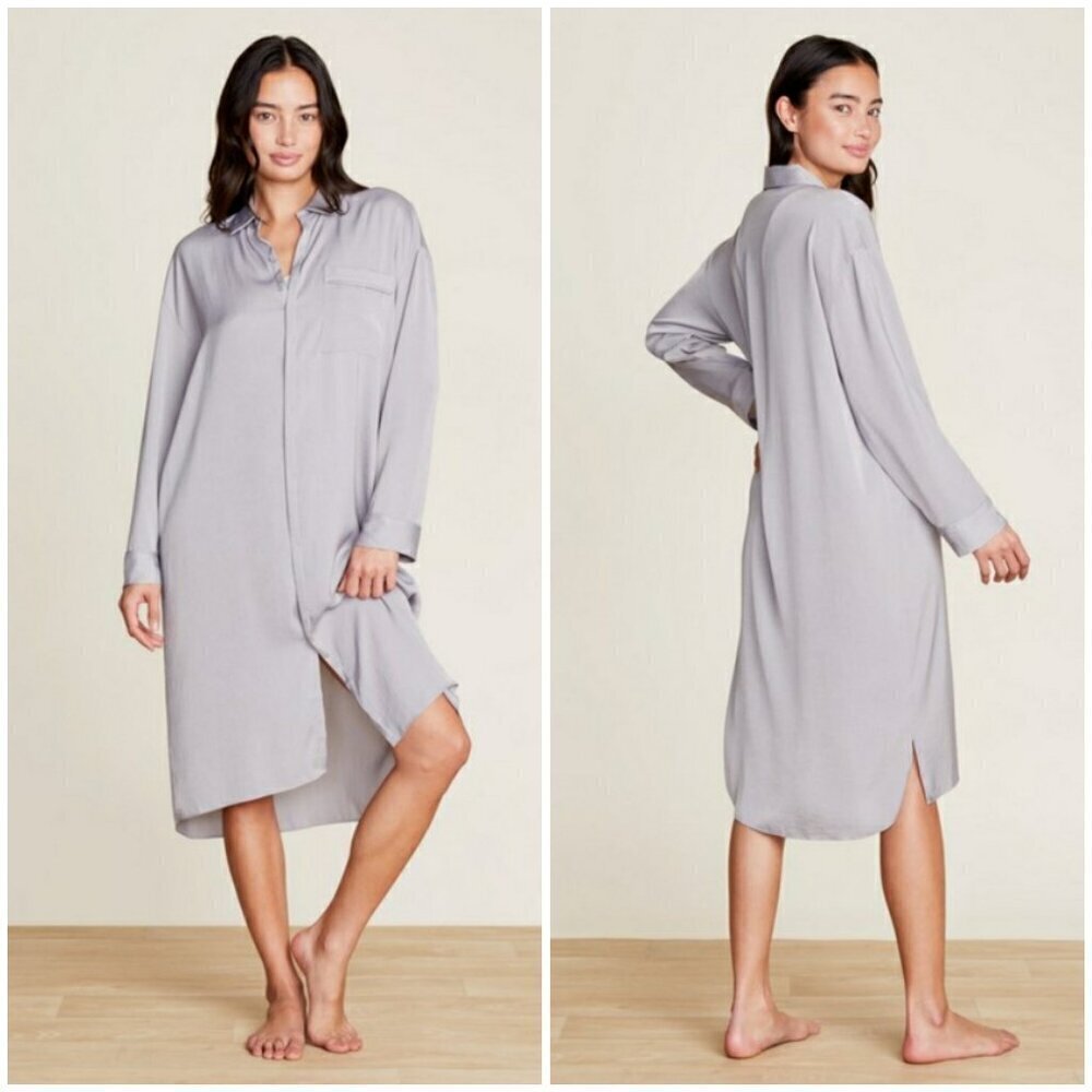 💕BAREFOOT DREAMS Washed Satin Piped Nightshirt Love Embroidery Dove Gray XL NWT